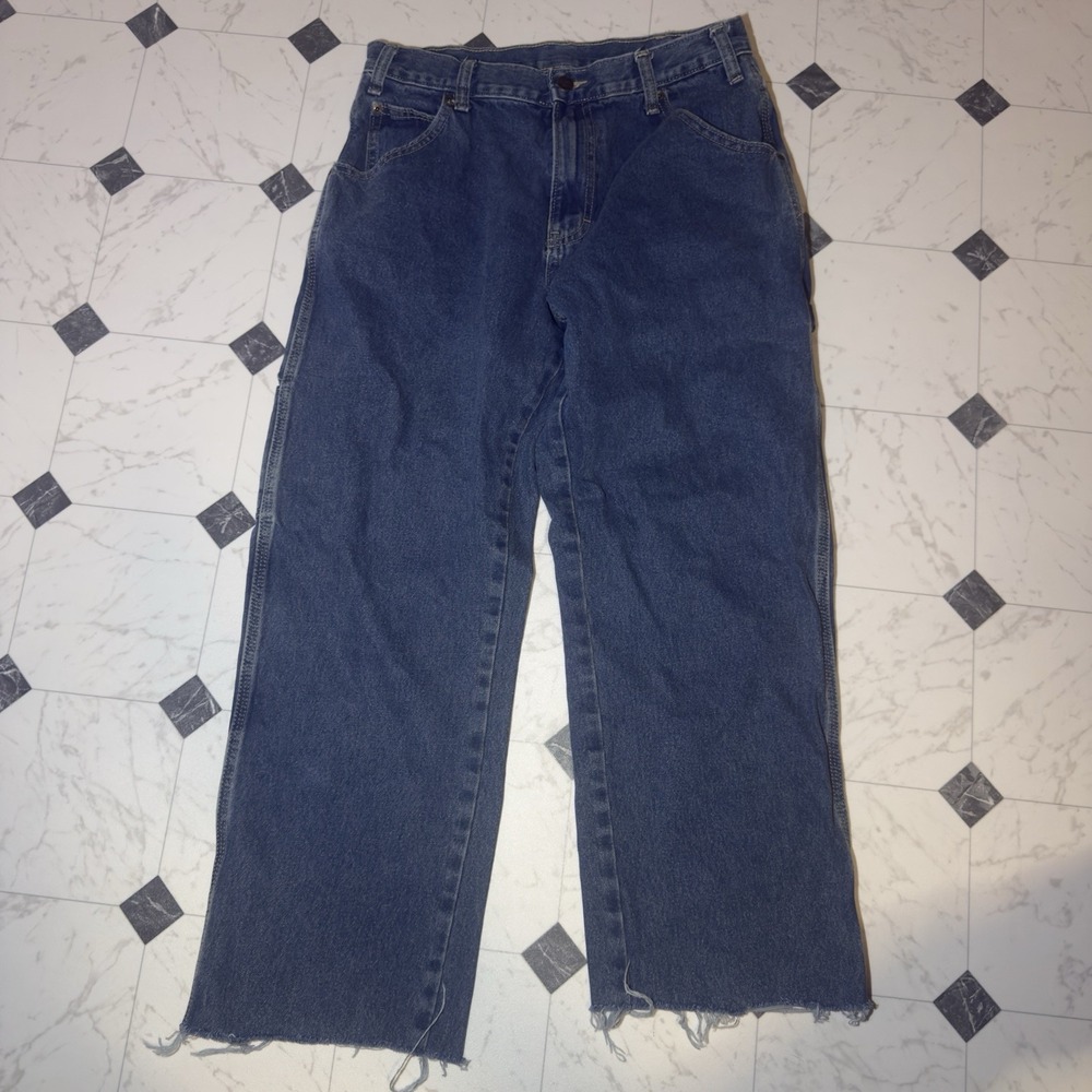 Dickies Carpenter Jeans Mens 31x30 Medium Wash Denim Raw Hem Relaxed Workwear